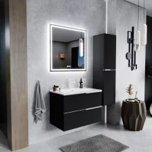 HD Cremona Matt Black 60 komplett fürdőszoba bútor fali mosdószekrénnyel, matt fehér fogantyúkkal és tükörrel