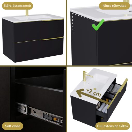 HD Cremona Matt Black 60 komplett fürdőszoba bútor fali mosdószekrénnyel, szálcsiszolt arany fogantyúkkal és tükörrel