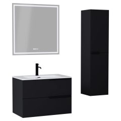   HD Cremona Matt Black 60/80 komplett fürdőszoba bútor szett fali mosdószekrénnyel, matt fekete fogantyúkkal, tükörrel és magasszekrénnyel