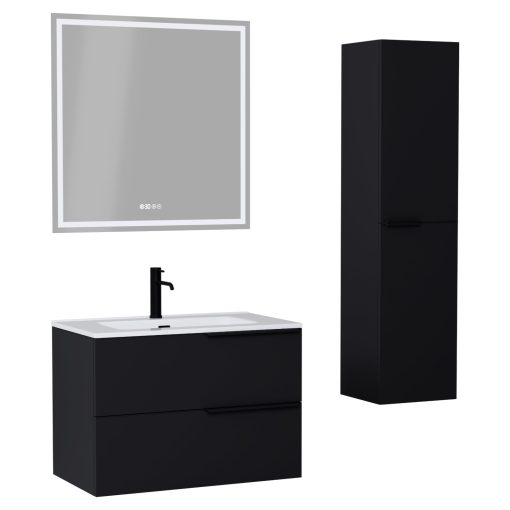 HD Cremona Matt Black 60/80 komplett fürdőszoba bútor szett fali mosdószekrénnyel, matt fekete fogantyúkkal, tükörrel és magasszekrénnyel