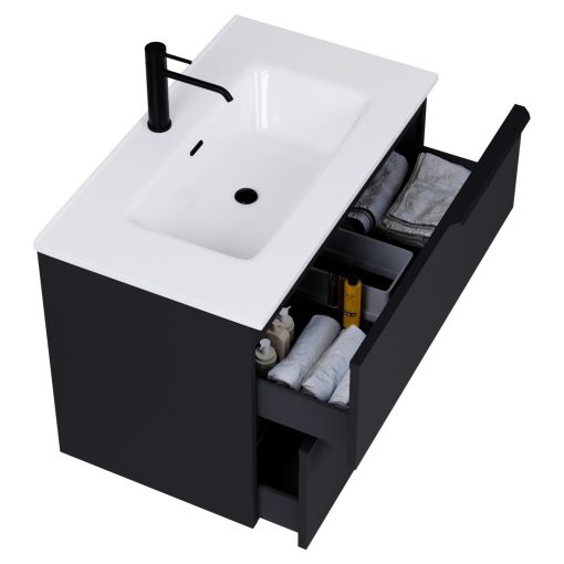 HD Cremona Matt Black 60/80 komplett fürdőszoba bútor szett fali mosdószekrénnyel, matt fekete fogantyúkkal, tükörrel és magasszekrénnyel