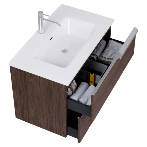 HD Cremona Matt Hazel 80 komplett fürdőszoba bútor szett fali mosdószekrénnyel, fényes króm fogantyúkkal, tükörrel és magasszekrénnyel