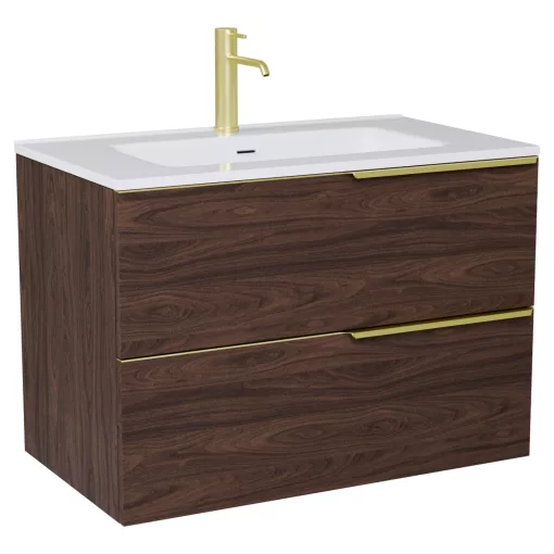 HD Cremona Matt Hazel 80 komplett fürdőszoba bútor szett fali mosdószekrénnyel, szálcsiszolt arany fogantyúkkal, tükörrel és magasszekrénnyel