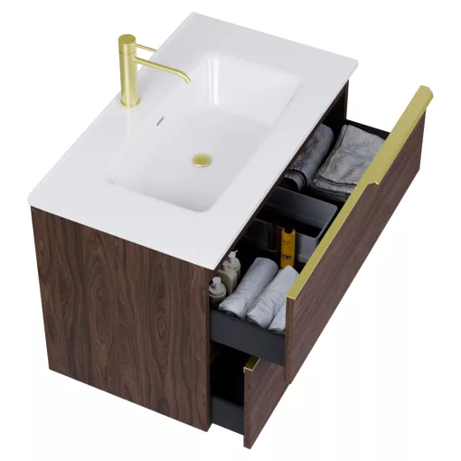 HD Cremona Matt Hazel 80 komplett fürdőszoba bútor szett fali mosdószekrénnyel, szálcsiszolt arany fogantyúkkal, tükörrel és magasszekrénnyel