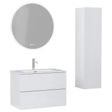 HD Aria Pro Lacquer White 80 komplett fürdőszoba bútor szett fali push-to-open mosdószekrénnyel, tükörrel és magasszekrénnyel