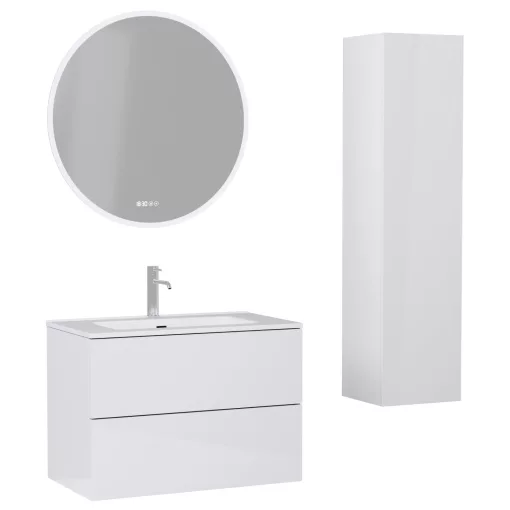 HD Aria Pro Lacquer White 80 komplett fürdőszoba bútor szett fali push-to-open mosdószekrénnyel, tükörrel és magasszekrénnyel