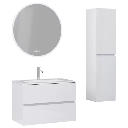 HD Aria Lacquer White 80 komplett fürdőszoba bútor szett fali mosdószekrénnyel, tükörrel és magasszekrénnyel