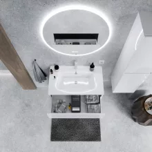 HD Aria Lacquer White 80 komplett fürdőszoba bútor szett fali mosdószekrénnyel, tükörrel és magasszekrénnyel
