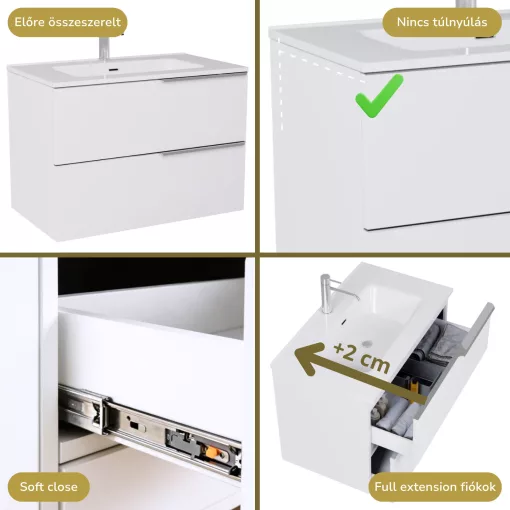 HD Cremona Lacquer White 80 komplett fürdőszoba bútor szett fali mosdószekrénnyel, fényes króm fogantyúkkal, tükörrel és magasszekrénnyel