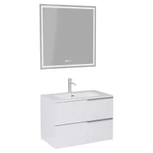HD Cremona Lacquer White 80 komplett fürdőszoba bútor fali mosdószekrénnyel, szálcsiszolt króm fogantyúkkal és tükörrel