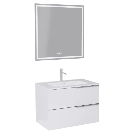 HD Cremona Lacquer White 80 komplett fürdőszoba bútor fali mosdószekrénnyel, szálcsiszolt króm fogantyúkkal és tükörrel