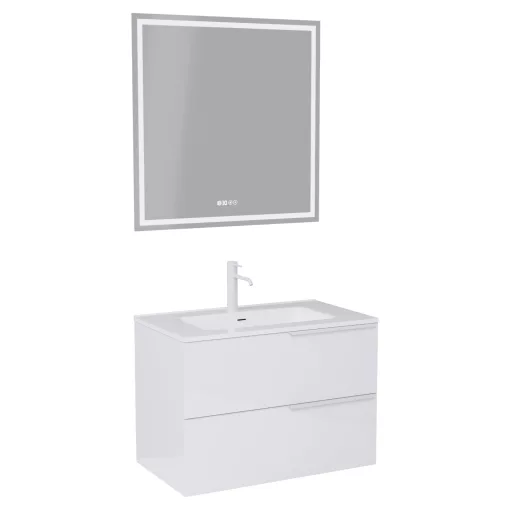 HD Cremona Lacquer White 80 komplett fürdőszoba bútor fali mosdószekrénnyel, matt fehér fogantyúkkal és tükörrel