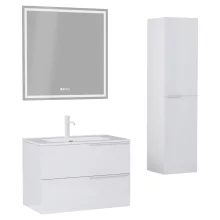 HD Cremona Lacquer White 80 komplett fürdőszoba bútor szett fali mosdószekrénnyel, matt fehér fogantyúkkal, tükörrel és magasszekrénnyel