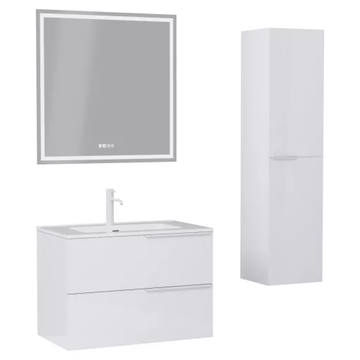 HD Cremona Lacquer White 80 komplett fürdőszoba bútor szett fali mosdószekrénnyel, matt fehér fogantyúkkal, tükörrel és magasszekrénnyel