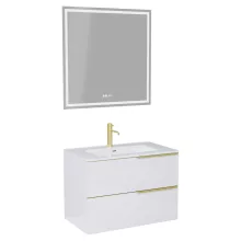 HD Cremona Lacquer White 80 komplett fürdőszoba bútor fali mosdószekrénnyel, szálcsiszolt arany fogantyúkkal és tükörrel