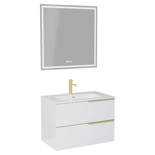 HD Cremona Lacquer White 80 komplett fürdőszoba bútor fali mosdószekrénnyel, szálcsiszolt arany fogantyúkkal és tükörrel