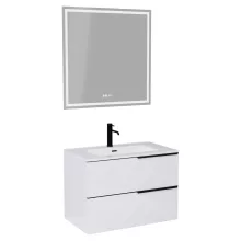 HD Cremona Lacquer White 80 komplett fürdőszoba bútor fali mosdószekrénnyel, matt fekete fogantyúkkal és tükörrel