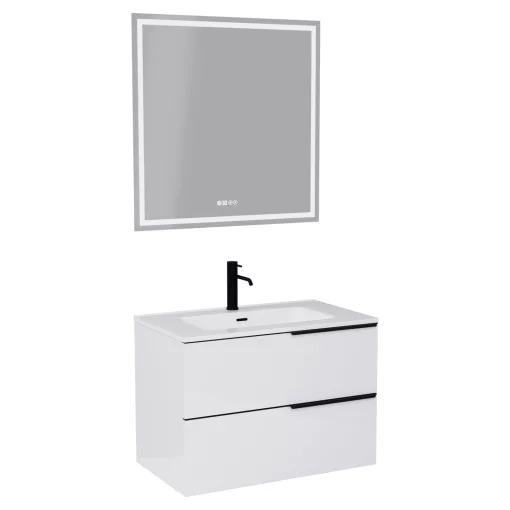 HD Cremona Lacquer White 80 komplett fürdőszoba bútor fali mosdószekrénnyel, matt fekete fogantyúkkal és tükörrel