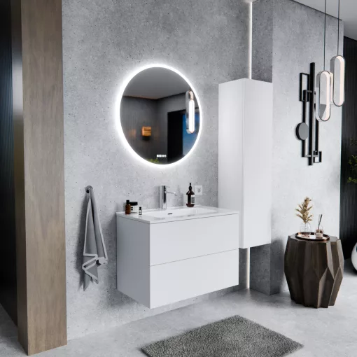 HD Aria Pro Silk Matt White 80 komplett fürdőszoba bútor szett fali push-to-open mosdószekrénnyel, tükörrel és magasszekrénnyel
