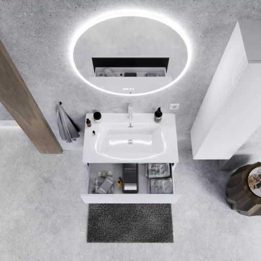 HD Aria Pro Silk Matt White 80 komplett fürdőszoba bútor szett fali push-to-open mosdószekrénnyel, tükörrel és magasszekrénnyel