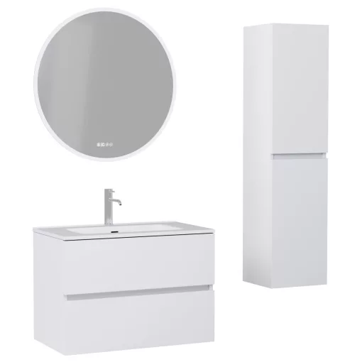 HD Aria Silk Matt White 80 komplett fürdőszoba bútor szett fali mosdószekrénnyel, tükörrel és magasszekrénnyel