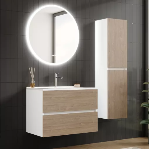 HD Aria Silk Matt White-Oak 80 komplett fürdőszoba bútor fali mosdószekrénnyel és tükörrel