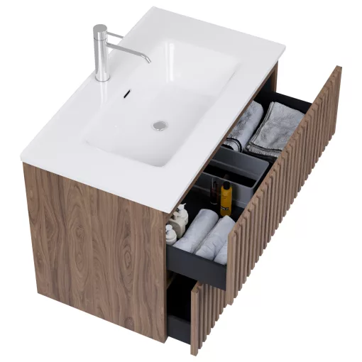 HD Ravello Pro Oak 80 komplett fürdőszoba bútor fali push-to-open mosdószekrénnyel és tükörrel