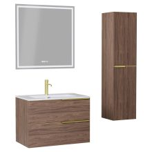 HD Cremona Oak 80 komplett fürdőszoba bútor szett fali mosdószekrénnyel, szálcsiszolt arany fogantyúkkal, tükörrel és magasszekrénnyel