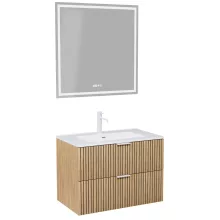 HD Parma Hickory 80 komplett fürdőszoba bútor fali mosdószekrénnyel, matt fehér fogantyúkkal és tükörrel