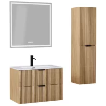 HD Parma Hickory 80 komplett fürdőszoba bútor szett fali mosdószekrénnyel, matt fekete fogantyúkkal, tükörrel és magasszekrénnyel
