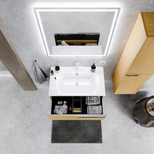 HD Cremona Hickory 80 komplett fürdőszoba bútor fali mosdószekrénnyel, fényes króm fogantyúkkal és tükörrel