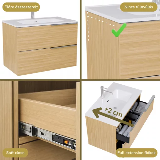 HD Cremona Hickory 80 komplett fürdőszoba bútor szett fali mosdószekrénnyel, fényes króm fogantyúkkal, tükörrel és magas szekrénnyel