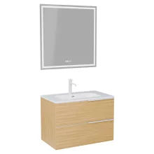 HD Cremona Hickory 80 komplett fürdőszoba bútor fali mosdószekrénnyel, matt fehér fogantyúkkal és tükörrel