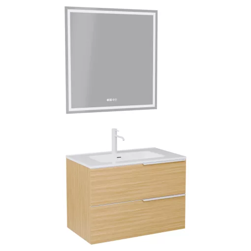 HD Cremona Hickory 80 komplett fürdőszoba bútor fali mosdószekrénnyel, matt fehér fogantyúkkal és tükörrel