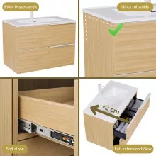 HD Cremona Hickory 80 komplett fürdőszoba bútor szett fali mosdószekrénnyel, matt fehér fogantyúkkal, tükörrel és magas szekrénnyel