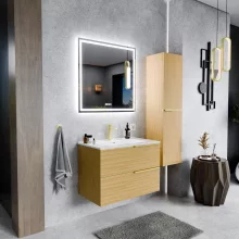HD Cremona Hickory 80 komplett fürdőszoba bútor fali mosdószekrénnyel, szálcsiszolt arany fogantyúkkal és tükörrel