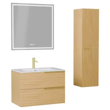 HD Cremona Hickory 80 komplett fürdőszoba bútor szett fali mosdószekrénnyel, szálcsiszolt arany fogantyúkkal, tükörrel és magas szekrénnyel