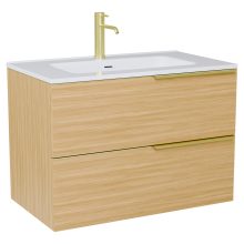 HD Cremona Hickory 80 komplett fürdőszoba bútor szett fali mosdószekrénnyel, szálcsiszolt arany fogantyúkkal, tükörrel és magas szekrénnyel