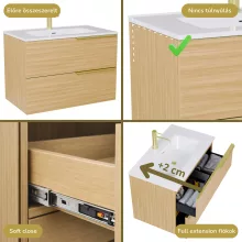 HD Cremona Hickory 80 komplett fürdőszoba bútor szett fali mosdószekrénnyel, szálcsiszolt arany fogantyúkkal, tükörrel és magas szekrénnyel