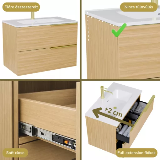 HD Cremona Hickory 80 komplett fürdőszoba bútor szett fali mosdószekrénnyel, szálcsiszolt arany fogantyúkkal, tükörrel és magas szekrénnyel