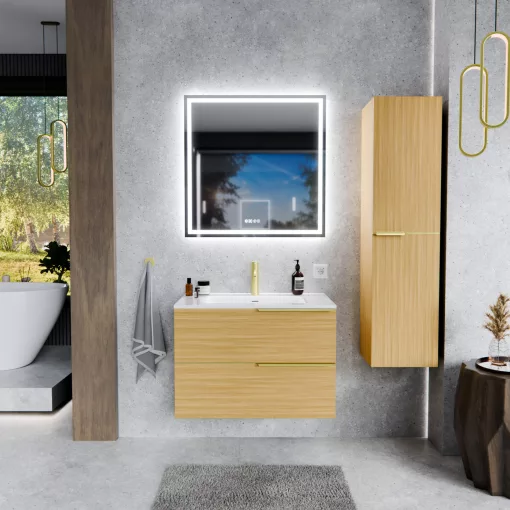 HD Cremona Hickory 80 komplett fürdőszoba bútor szett fali mosdószekrénnyel, szálcsiszolt arany fogantyúkkal, tükörrel és magas szekrénnyel