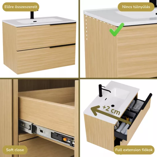 HD Cremona Hickory 80 fali mosdószekrény matt fekete fogantyúkkal