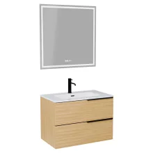 HD Cremona Hickory 80 komplett fürdőszoba bútor fali mosdószekrénnyel, matt fekete fogantyúkkal és tükörrel