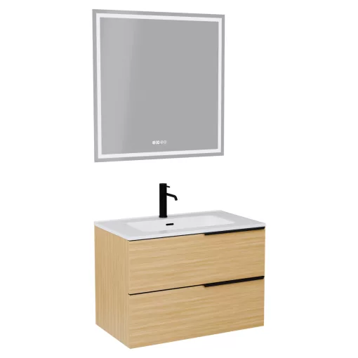 HD Cremona Hickory 80 komplett fürdőszoba bútor fali mosdószekrénnyel, matt fekete fogantyúkkal és tükörrel