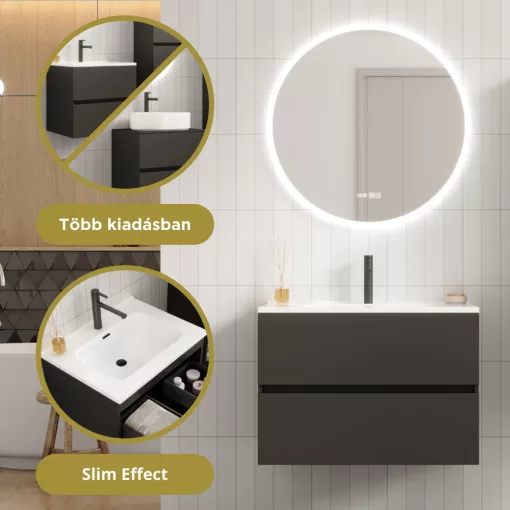 HD Aria Pro Antracit 80 komplett fürdőszoba bútor fali push-to-open mosdószekrénnyel és tükörrel