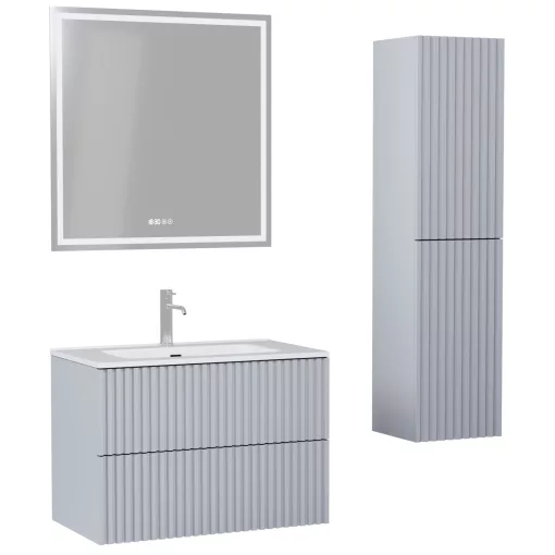HD Ravello Pro Fume Grey 80 komplett fürdőszoba bútor szett fali push-to-open mosdószekrénnyel, tükörrel és magasszekrénnyel