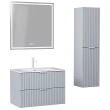 HD Ravello Fume Grey 80 komplett fürdőszoba bútor szett fali mosdószekrénnyel, matt fehér fogantyúkkal, tükörrel és magasszekrénnyel