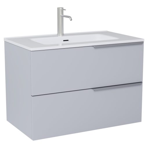 HD Cremona Fume Grey 80 komplett fürdőszoba bútor szett fali mosdószekrénnyel, szálcsiszolt króm fogantyúkkal, tükörrel és magasszekrénnyel