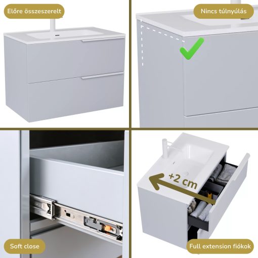 HD Cremona Fume Grey 80 fali mosdószekrény matt fehér fogantyúkkal