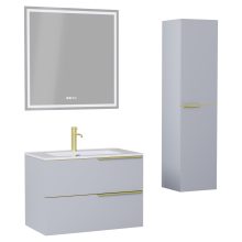 HD Cremona Fume Grey 80 komplett fürdőszoba bútor szett fali mosdószekrénnyel, szálcsiszolt arany fogantyúkkal, tükörrel és magasszekrénnyel